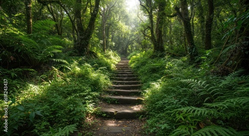 Journey Through Lush Forest Ascending Ancient Stone Steps, Pathway to Sunlight and Serenity