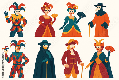 Colorful Venetian carnival illustration with masked characters and elaborate costumes on white background