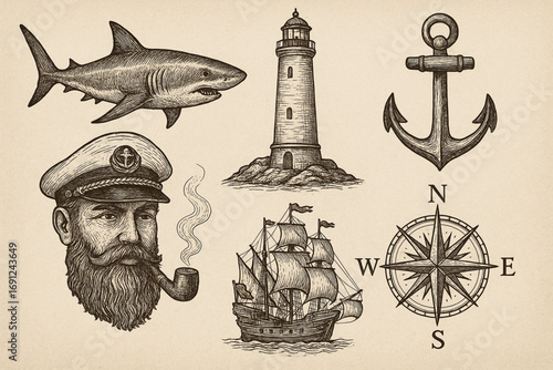 Vintage nautical illustration set with shark, lighthouse, ship, and compass rose in hand-drawn style