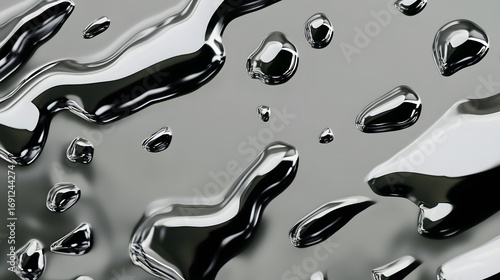 Abstract liquid metal droplets with chrome reflections on a smooth gray surface texture