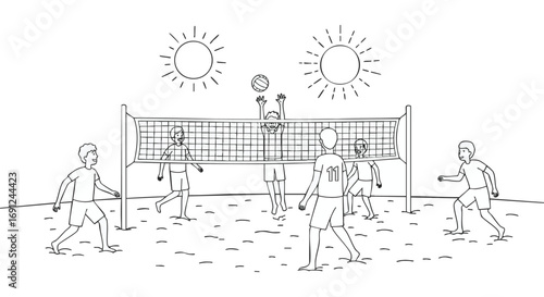 Beach volleyball game with sun and net illustration