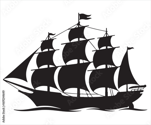 Black silhouette of vintage sailing ship with large sails and flags