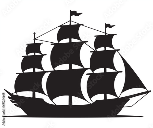 Silhouette of an old sailing ship with large sails and flags, vector illustration of historic vessel, vintage galleon, maritime transport, exploration boat, and nautical adventure concept design