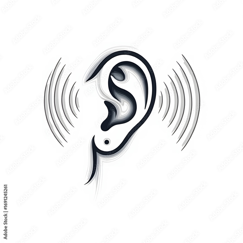 Naklejka premium Modern Layered Illustration of Human Ear with Sound Waves, Abstract Hearing and Auditory Sensation Graphic, Paper Cut Style Art of an Ear and Signal, Conceptual Anatomy of Sound Reception