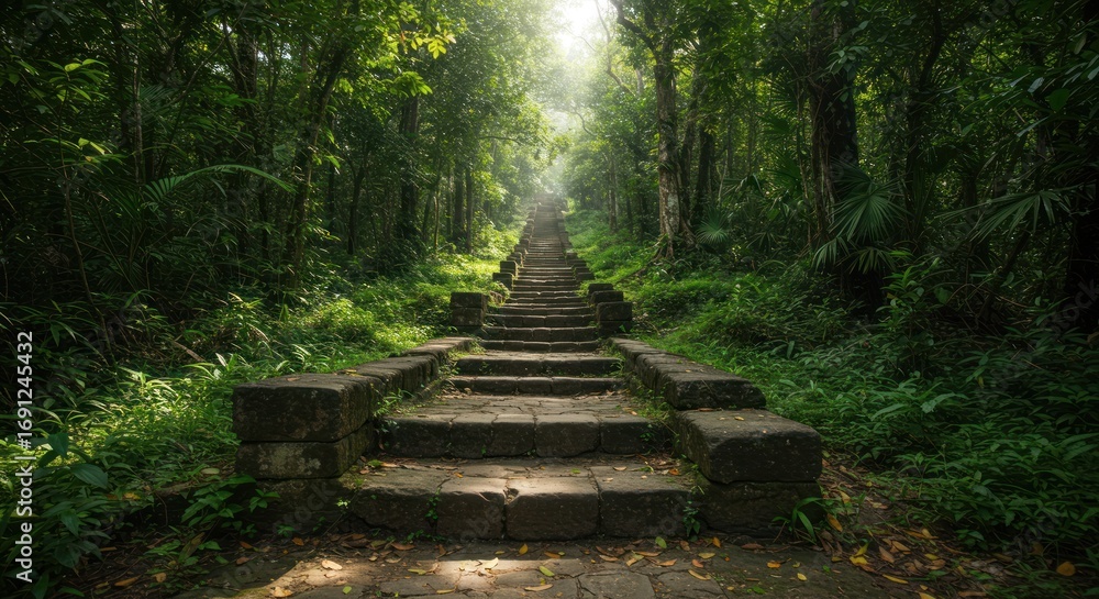 Obraz premium Ancient Stone Steps Leading Through Lush Green Forest