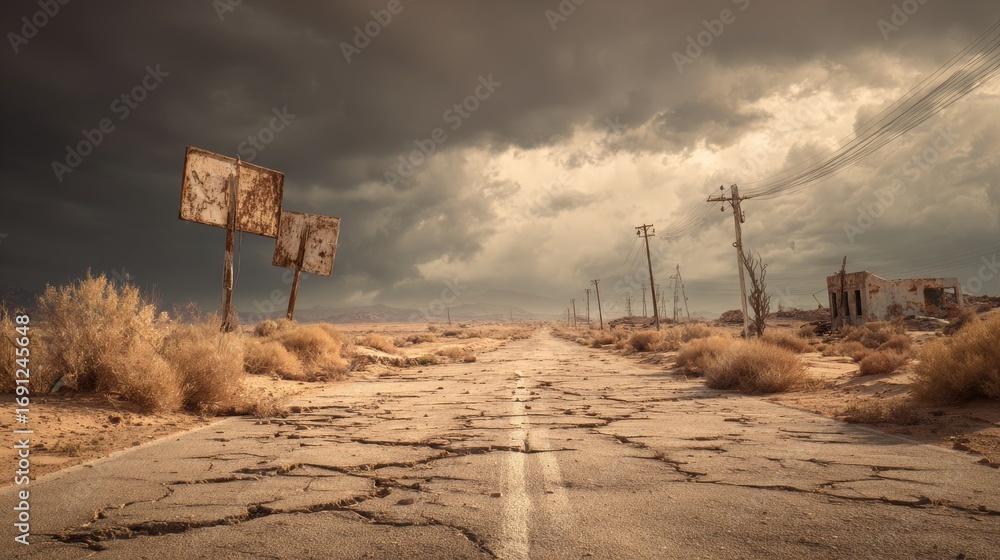 Obraz premium Commercial high-resolution photo of background image of desert city wasteland with abandoned buildings cracked road and sign in a post apocalyptic setting.