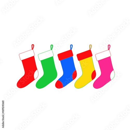 Colorful Christmas Stockings: Red, Green, Blue, Yellow, and Pink Holiday Decorations