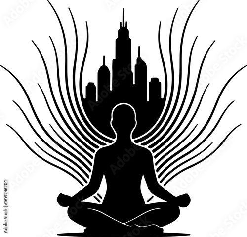 Meditating person silhouette against cityscape with abstract energy waves silhouette