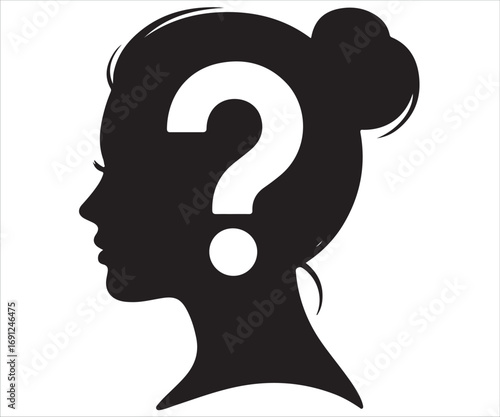 Silhouette of a woman’s head with question mark symbol representing anonymity, mystery, hidden identity, unknown female profile, concept of secrecy, doubt, or missing person