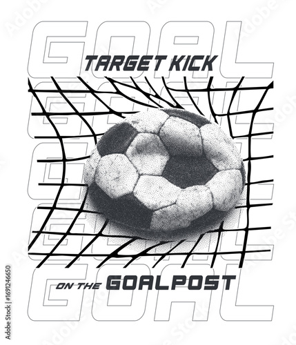 A Vintage black and white soccer ball on a clean background, ready for the game, target kick on the goalpost slogan sports tee, football world cup, perfects for jersey t-shirt sweatshirt.