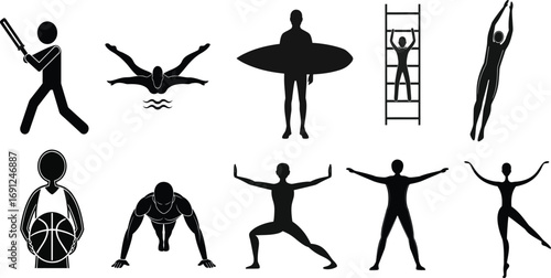 Diverse black silhouette icons of people participating in sports and fitness activities