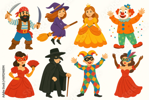 Colorful Carnival Characters in Costumes Festive Vector Illustration on White Background