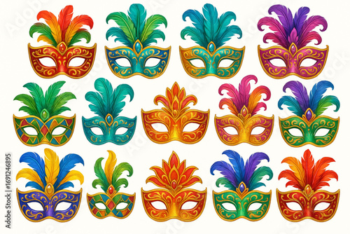 Colorful Venetian Carnival Masks Feathers Jewels Vector Illustration Isolated on White Background