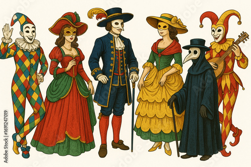 Venetian Carnival Characters in Colorful Costumes and Masks Festive Vector Illustration on White Background