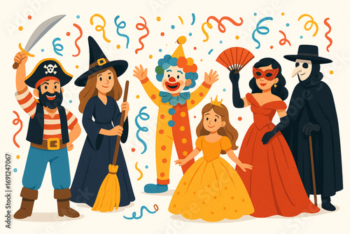 Colorful Carnival Characters in Costumes Festive Vector Illustration on White Background