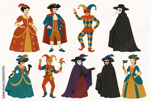 Venetian carnival characters illustration with traditional masks and colorful costumes
