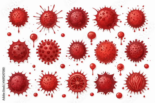 Collection of various red virus or bacteria cells with different shapes and surface features illustrated