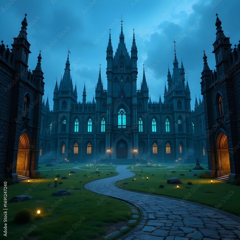 Fototapeta premium A mysterious gothic castle under a dark, dramatic sky. The castle windows glow with an eerie blue light, and a stone path winds through the courtyard with glowing lanterns.