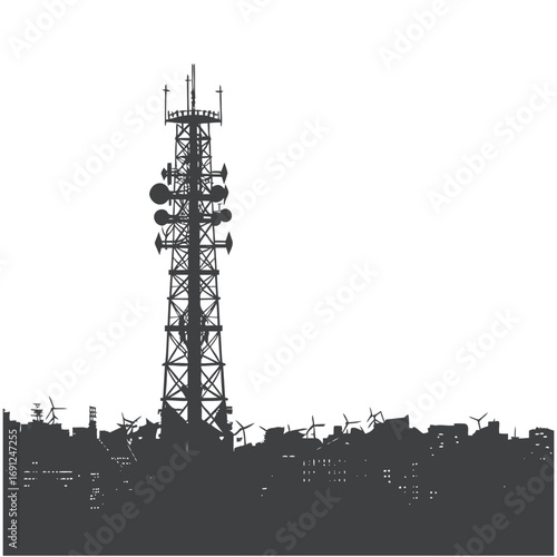 Cell tower silhouette with city skyline and modern communication antenna tower vector illustration