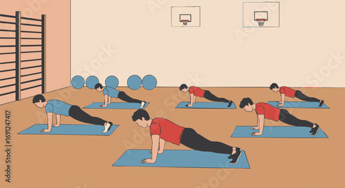 Group of men diligently performing synchronized push-ups on blue mats in a well-equipped indoor gym, emphasizing fitness, strength, and collective exercise for improved physical health and wellness