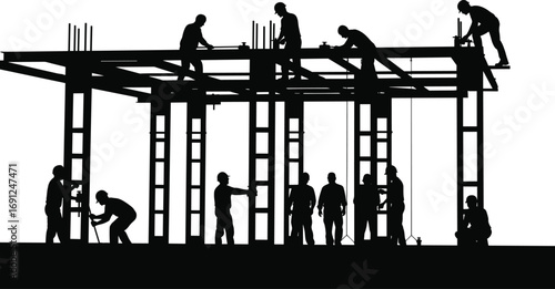 Construction workers silhouette building steel framework, teamwork on site, professional labor, industrial construction, safety helmets, scaffolding structure, manual work, building project.
