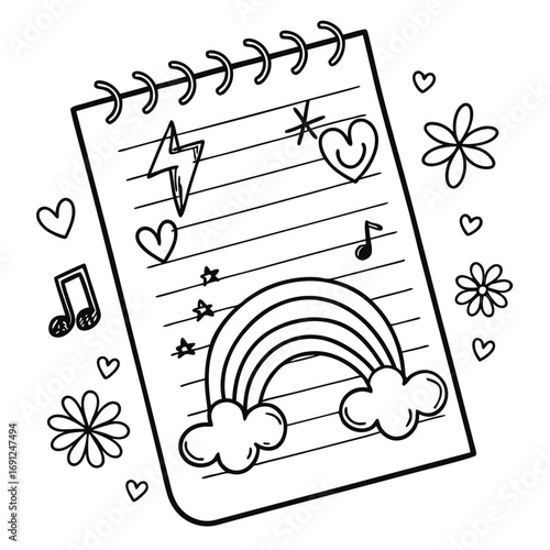 Doodle collection notebook sketch with rainbow flowers hearts and music notes vector vector