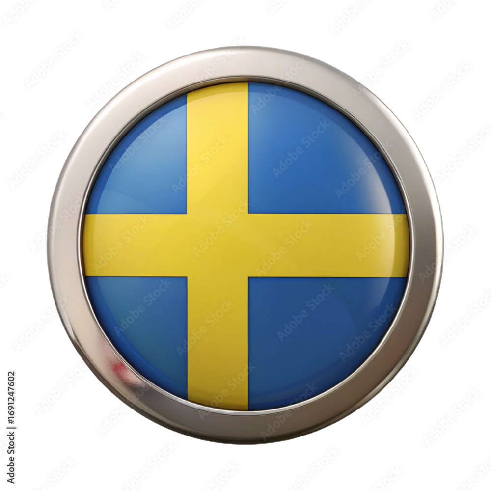 Fototapeta premium 3D Render Glossy Metallic Sweden Flag Button Design on Transparent Background