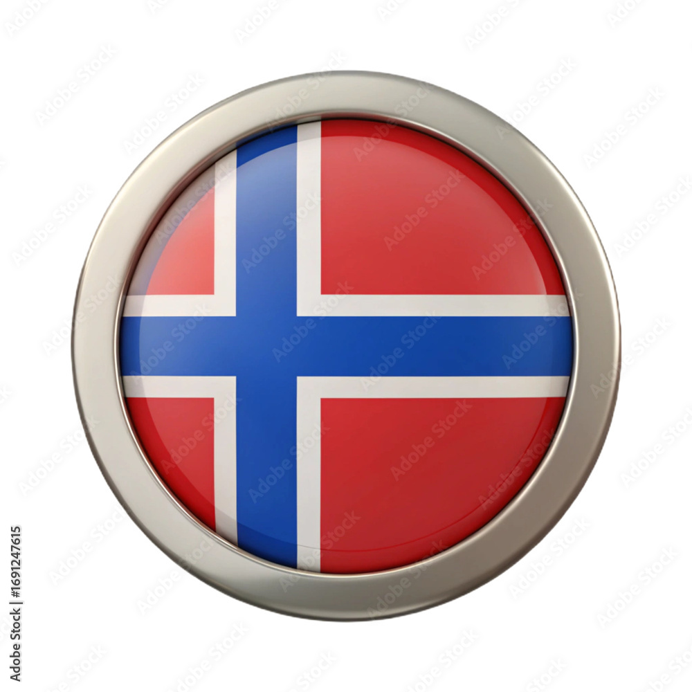 Fototapeta premium 3D Render Glossy Norway Flag Button Design in Metallic Frame on transparent background