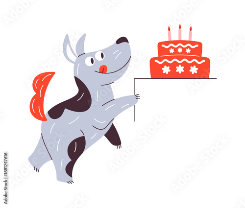 Comic birthday dog carrying cake