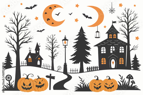 Halloween scene with haunted house, pumpkins, bats, moon and trees in a festive and spooky illustration