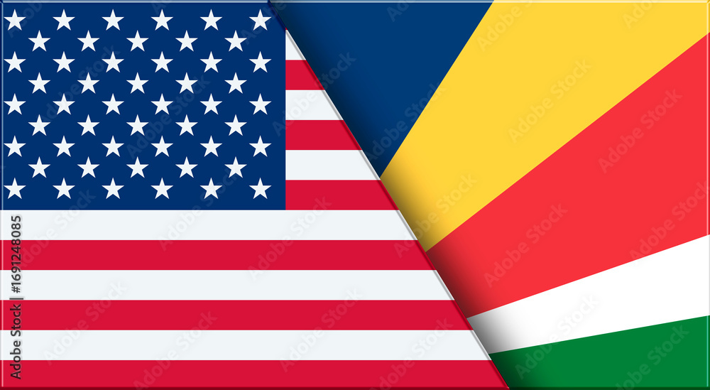 Fototapeta premium Flags of USA and Seychelles. American and Seychellois National flags on Fabric.