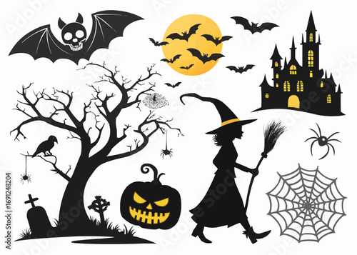 Silhouette halloween scene with witch, bats, castle, tree, pumpkin, and graveyard against a moon backdrop