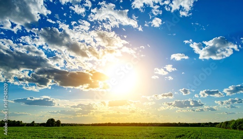 A vibrant shot capturing a sunlit sky filled with fluffy clouds over a verdant field. The bright sunlight creates a warm, hopeful atmosphere, suggesting a serene, peaceful day