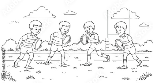 Line art scene of boys playing rugby with a sketched landscape background