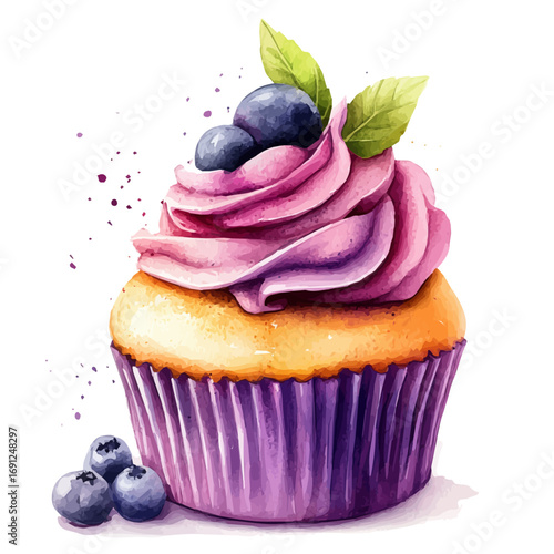 Cupcake, watercolor painting vector, isolated on a white background.