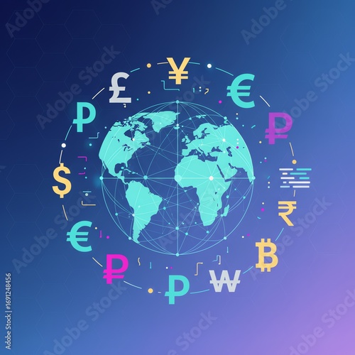 Global Currency Exchange and International Finance Concept World Map with Money Symbols