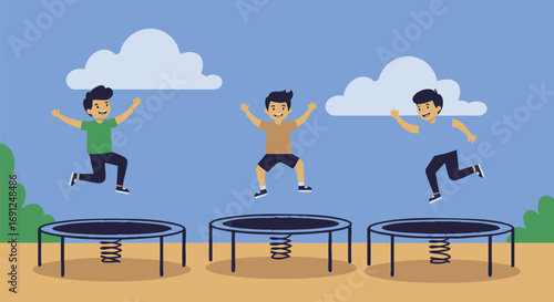 Joyful Leaps Cartoon Trio Bouncing on Trampolines in a Cheerful Scene
