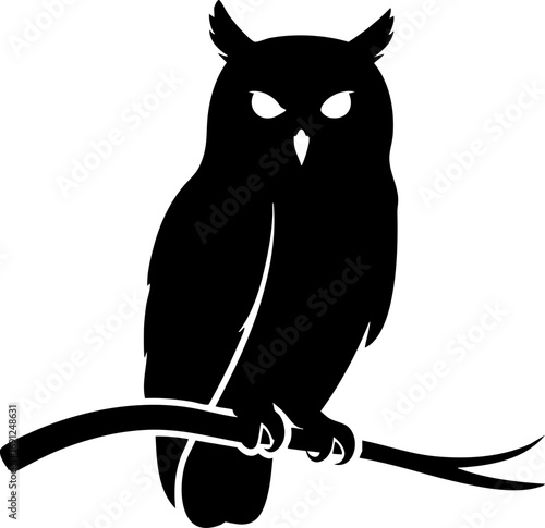 Mysterious silhouette owl perched on branch, symbolizing wisdom and nocturnal vigilance, perfect for branding.