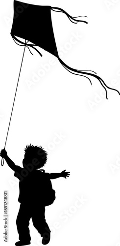 Joyful child happily flying a kite, capturing carefree childhood moments of outdoor fun and freedom