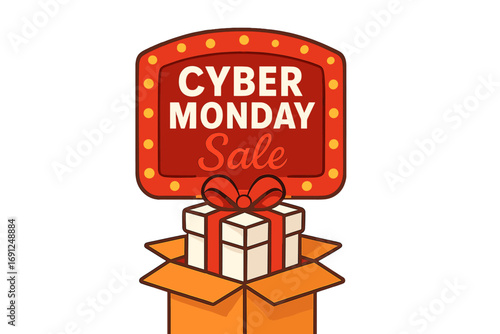 A thrilling Cyber Monday Sale arrow bursts from a gift box adorned with a red ribbon bow