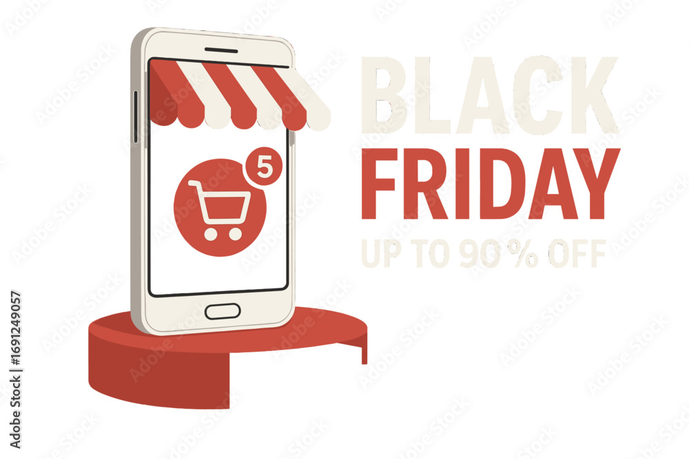 Naklejka premium Vector illustration of a Black Friday online shopping banner featuring a smartphone, podium, and stairs