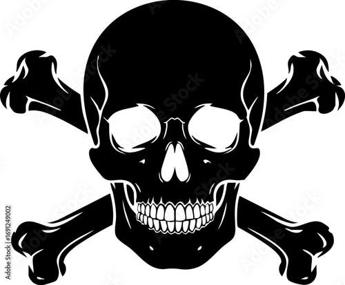Iconic skull and crossbones symbol representing danger, warning, and pirates, bold and stark.