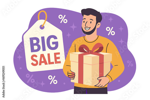 A man purchases items online, highlighting e‑commerce and digital shopping, with a special offer or major seasonal sale banner, showing people taking advantage of discount sales in a vector