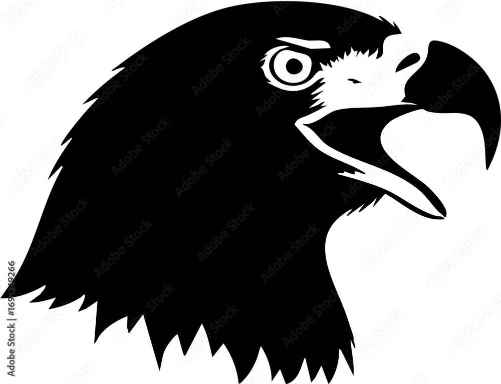 Fototapeta premium Powerful eagle head profile silhouette with open beak, embodying freedom and strength for bold designs.