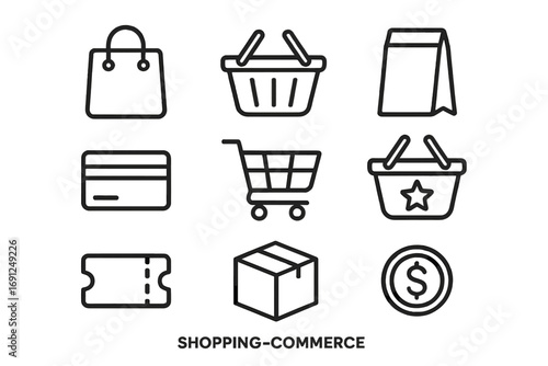 A collection of line icons illustrating shopping, mall, and market concepts in a simple, minimalist style, featuring a card, shopping bag, cart, box, coupon, courier, shipping label, and money