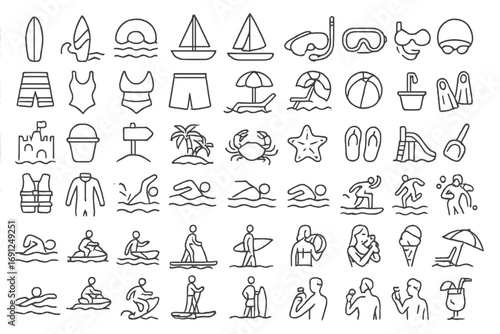 A collection of line icons featuring a surfboard, lifeline, and diving mask—minimalist linear pictograms for web and graphic design, apps, banners, social networks, and cards