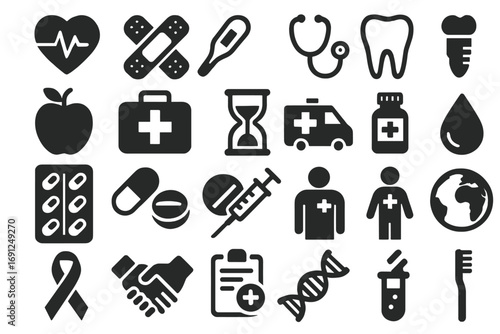 A set of 30 sleek black‑and‑white healthcare icons, ideal for medical designs, health apps, infographics, and professional presentations, featuring a modern, clean style