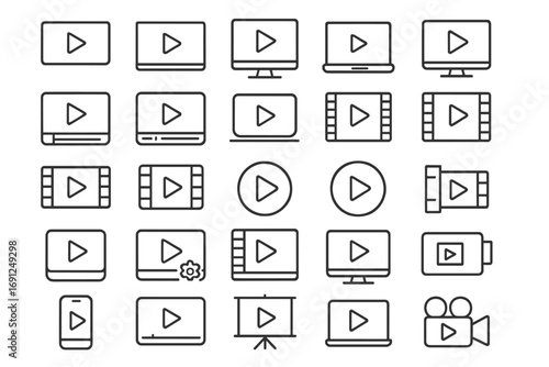 A collection of minimalist video player icons representing multimedia entertainment and streaming content