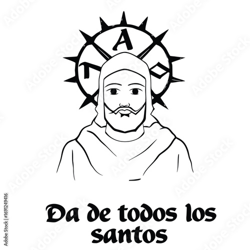 Minimalist black and white religious figure with halo and text 'da de todos los santos'