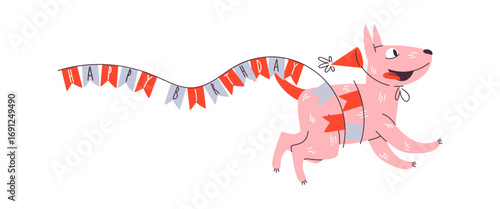 Comic birthday dog carrying greetings